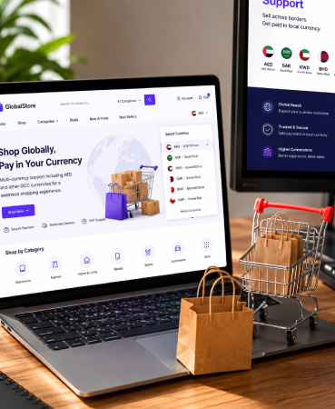 Multi-currency ecommerce support including AED and <br>other GCC currencies for cross-border sales